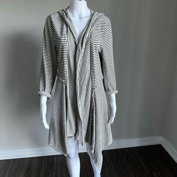 Max Studio Black & White Weekend Striped 100% Cotton Open Cardigan Hoodie Size L - Picture 2 of 5